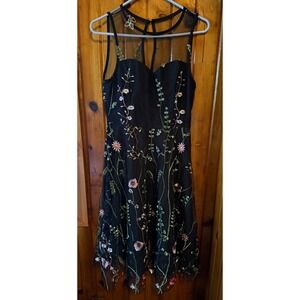 Black Floral Embroidered Mesh Dress Party Cocktail‎ Sleeveless size Medium